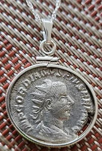 Ancient Roman Empire Emperor Gordian Silver Coin 925 Sterling Necklace with COA - Picture 1 of 10