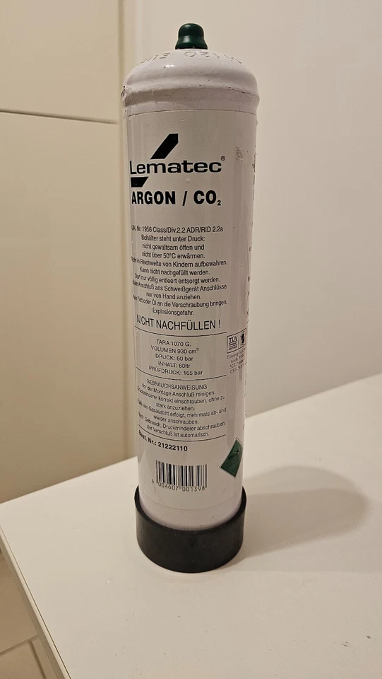 Lematec Argon/CO2 Gasflasche 0,93L - einweg 60 bar 60L Mischgas Schutzgas - Bild 1 von 1