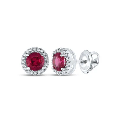 10K White Gold Womens Round Lab-Created Ruby Diamond Stud Earrings 1-1/3 Cttw - Image 1 of 2