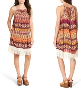 NWT Band Of Gypsies Crochet Fringe Trim Aztec Boho Print Shift Dress Sz XS - Picture 1 of 6