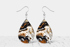 Black White Bronze Swirl Earrings Handmade Wood Tear Drop Dangle Printed Jewelry - Picture 1 of 7