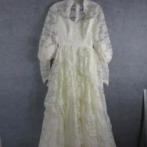 Vintage Wedding Dress Women 6 White Lace Tier Puff Sleeve Bead Floor Long Train - Picture 1 of 20