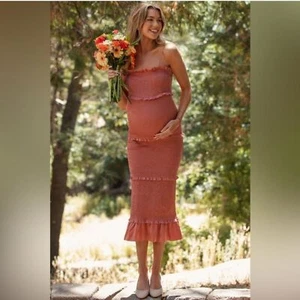 Mabel Maxikleid Stufen gesmokt Rüschen rosa eckiger Ausschnitt ärmellos Gr. M - Bild 1 von 10