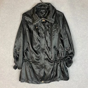 City Chic Jacket Womens Small Black Shiny Satin Parka Hidden Hood Lightweight - Picture 1 of 7