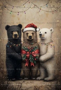 CHRISTMAS BEAR FRIENDS ART PRINT, Holiday Christmas Decor, Grizzly Poster E816 - Picture 1 of 2