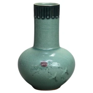 Jarrón antiguo asiático Celadon de cerámica con escena de pantano firmado a principios del siglo XIX - Imagen 1 de 6