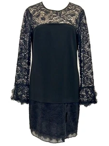 Diane Von Furstenberg Black Lace Detail Long Sleeved Dres Shift Stretchy 8 UK 12 - Picture 1 of 14