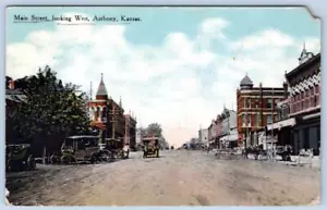 1911 ANTHONY KANSAS HAUPTSTRASSE WESTLICH AUSSEHENDE ALTE AUTOS PFERD & WAG POSTKARTE - Bild 1 von 2