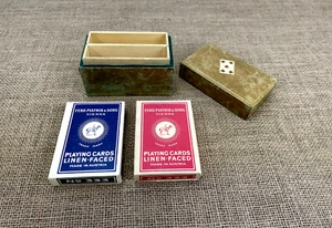 VINTAGE ANTIKE LEDERGEBUNDENE GEPRÄGTE HOLZ SPIELKARTEN AUFBEWAHRUNGSBOX - Bild 1 von 9
