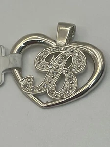 Ciondolo B iniziale corsivo cuore zirconi 1" argento sterling 925 - Foto 1 di 7