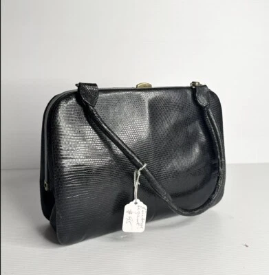 Original 1950s FRANCE Genuine Lizard Skin Leather Bag Top Handle Black Modele — 第 1/4 张图片
