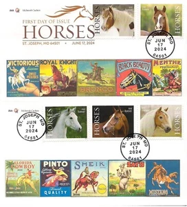 Horses- FDC set of 2 (2024)- Color Cancel- Vintage labels -McIntosh Cachets - Picture 1 of 1