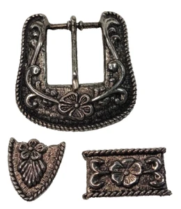 Women's 3 Pc. Vintage Pearl Pewter Belt BUCKLE CLASP & TIP Set Ornate 3D Flower - Picture 1 of 7