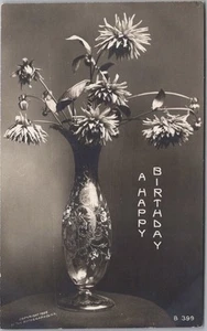 HAPPY BIRTHDAY Photo RPPC Postcard Flowers in Vase / ROTOGRAPH Dated 1912 - Picture 1 of 2