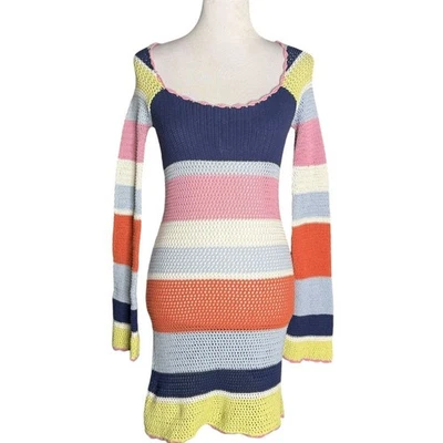 Forever 21 See Through Crochet Short Dress Size S Colorblock Beach BOHO Hippie - Image 1 of 4