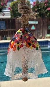 Chime Art Glass Heavy Chime Bell Wind White,Blue And Sparkle Gold Indoor/Outdoor - Picture 1 of 15
