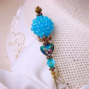 CUTE AQUA BLUE BERRY HATPIN with Cloisonne & CRYSTAL set in Gold Finish - 6 in - Picture 1 of 7