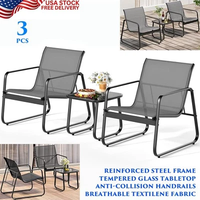 3 PCS PATIO BISTRO SET COFFEE TEMPERED GLASS TABLE CHAIRS OUTDOOR GARDEN BALCONY - Image 1 of 4