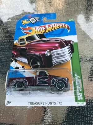 Camión Chevy Hot Wheels 52 Treasure Hunt 2012 ciruela base metálica tarjeta dañada leer Foto 1 de 4