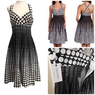Vestido Babydoll Y2k Calvin Klein 4 Negro Blanco Lunares Rockabilly Columpio Nuevo con Etiquetas $69 Foto 1 de 4