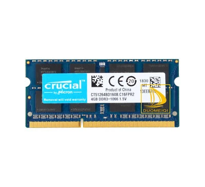 Crucial 4GB 2RX8 PC3-8500S DDR3 1066Mhz SODIMM Laptop Memory RAM 204Pin Test #4G - Image 1 of 3