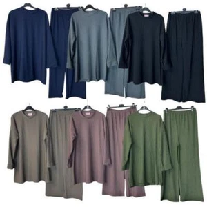 Conjunto de encaje acanalado para damas Top cuello redondo y pantalones de pierna ancha Reino Unido 8-16 - Imagen 1 de 13
