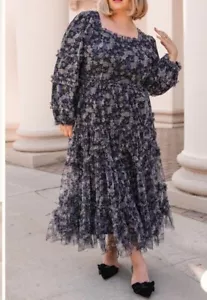 Maxi Abito Ivy City 1XL Catherine Scuro Floreale Arricciato Chiffon Lungo Bohémien BOHO - Foto 1 di 7