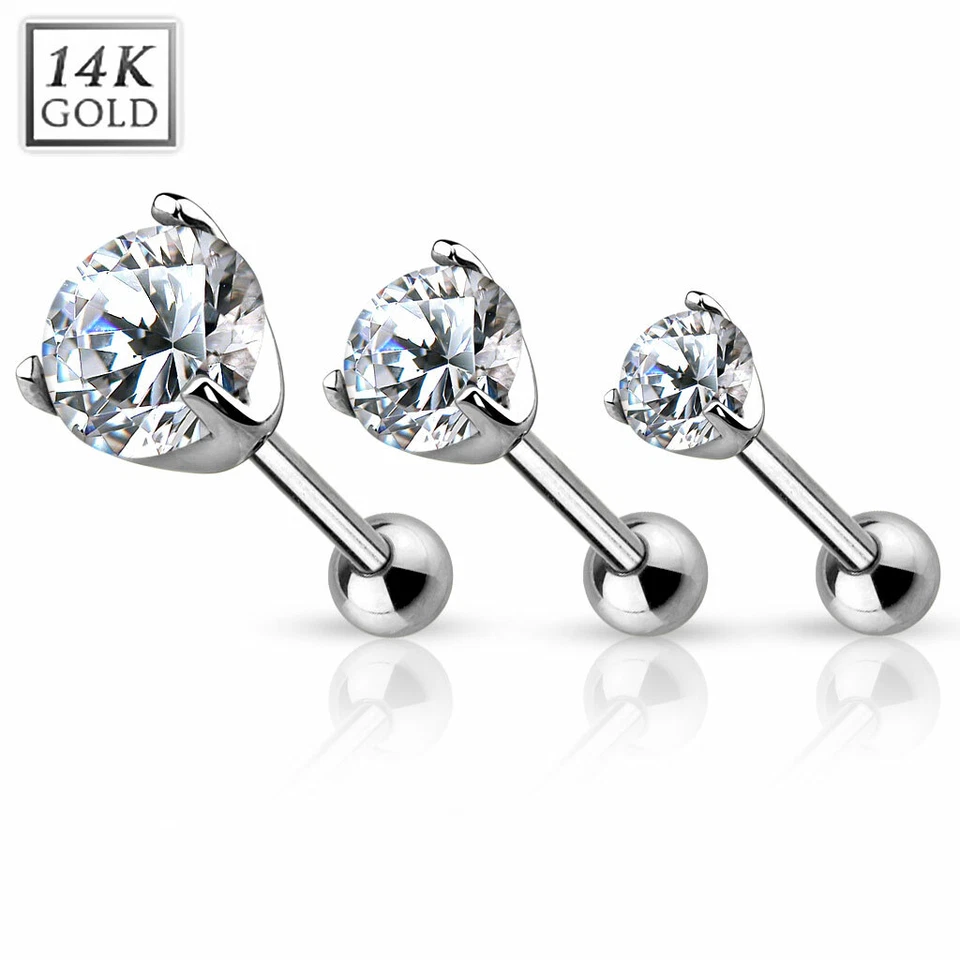 Prong CZ Top 14K Solid White Gold Helix Tragus Conch Cartilage Piercing - Image 1 of 1