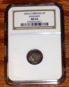 GREAT BRITAIN 1874 3 Three Pence Silver NGC MS 64 Queen Victoria Maundy 3P Coin - Picture 1 of 4