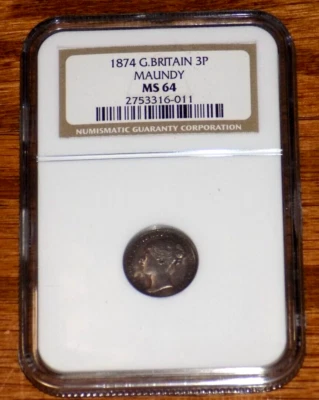 GREAT BRITAIN 1874 3 Three Pence Silver NGC MS 64 Queen Victoria Maundy 3P Coin - Image 1 of 4