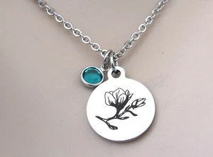 Collar de Magnolia con Cuentas de Piedra de Nacimiento, Collar de Flores, Regalo de Joyería de Magnolia - Imagen 1 de 5