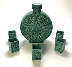 AZTEC GREEN CERAMIC DECANTER W/STOPPER & 5 SHOT GLASSES - 8-1/2" HEIGHT - Picture 1 of 7
