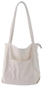 Corduroy Tote Bag For Women Girl With Front Pocket And Zipper - Picture 1 of 5