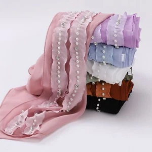 170*70cm Chiffon Ruffles Beads Muslim Women Headscarf Wrap Shawl Turban Stoles - Picture 1 of 20