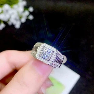 2.20Ct Round Cut Diamond Halo Men's Engagement Ring 14K White Gold Over Size N-V - Picture 1 of 5