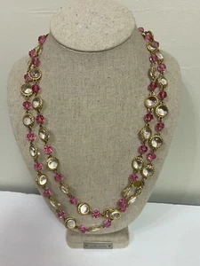 RARA COLLANA VINTAGE WILLIAM DELILLO VETRO ROSA E TRASPARENTE 48"" - Foto 1 di 9