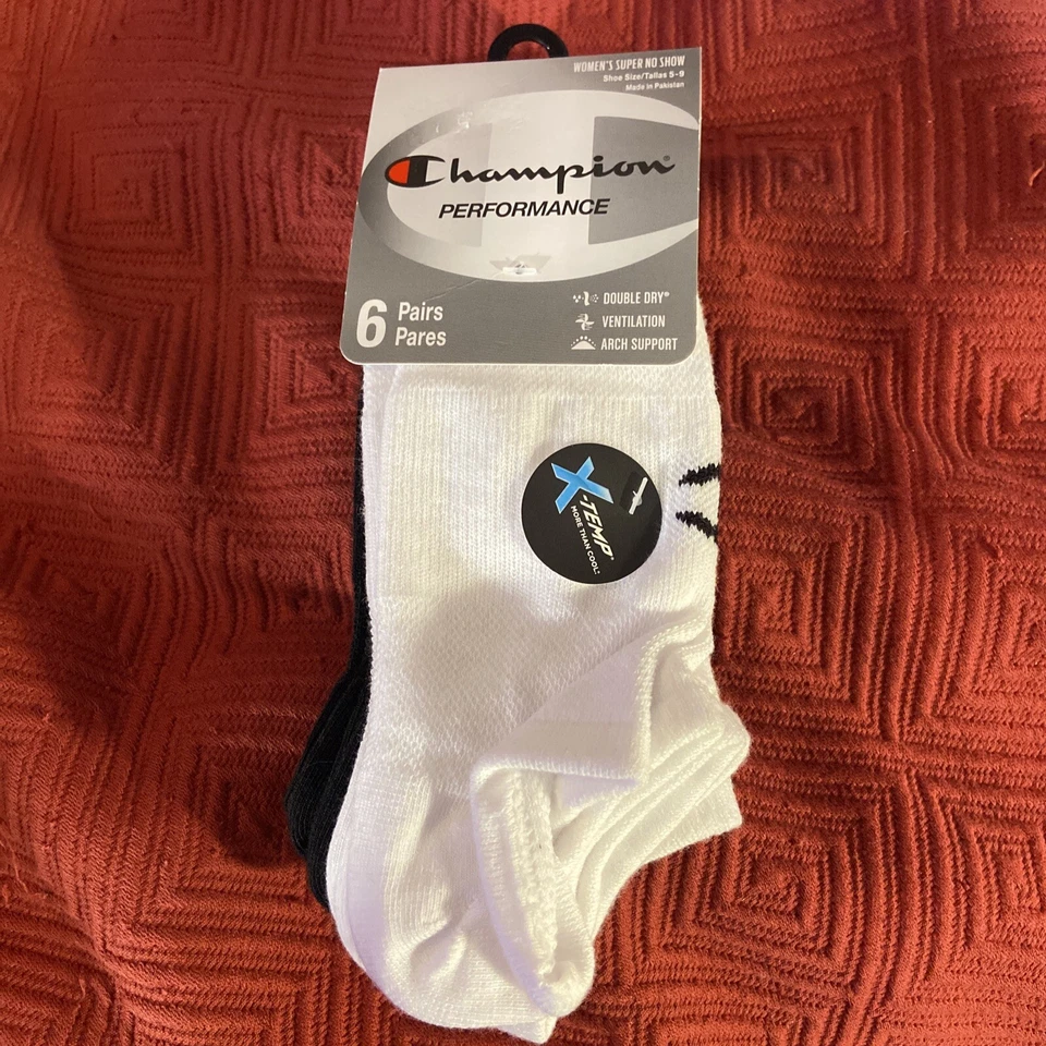 Women's Champion Double Dry Performance No Show Socks 6 Pair White/Black