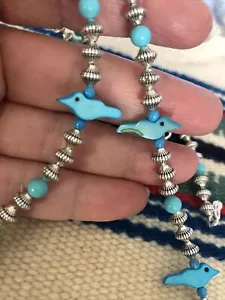 Blue Zuni Bird 26” Fetish Necklace Silver Plate Beads - Picture 1 of 7