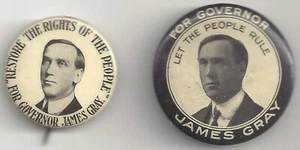 2 Different JAMES GRAY 1910 MN Governor Candidate PIns w/ Backpapers - Picture 1 of 2