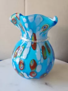 Vintage Murano Art Glass Millefiori Vase Hand Blown Applied Bow Sky Blue - Picture 1 of 6