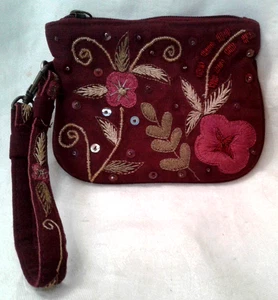 Vintage Express kleine weinrote bestickte Stoff Geldbörse mit passendem Griff - Bild 1 von 9
