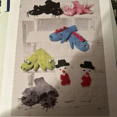 Knitting patterns Novelty mittens/gloves Snowmam/cat/mice/frog/rabbit/dinosaur - Image 1 of 4