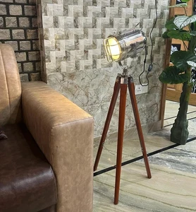 Nautical Wooden Tripod Floor Lamp Chrome Spotlight Home Decor - Picture 1 of 8