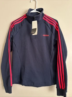 New Adidas Women's Essentials Fleece Quarter-Zip Top Sweatshirt Navy Pink Size S - Image 1 of 4