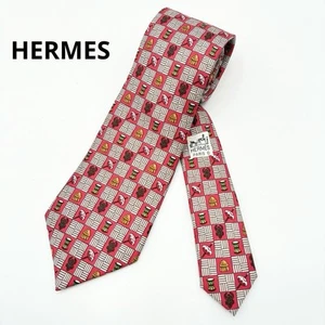 HERMES Neck Tie Red White Check 100%Silk Made in France - Picture 1 of 18