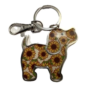 RARE Vintage Dog Keychain Unique NICE! “Puppy Love” Sunflowers Silver Tone Y2K - Picture 1 of 7