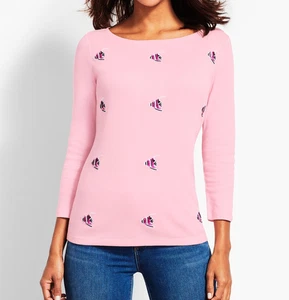 Talbots Women's Pink Embellished Beaded Fish Cotton Blouse Top T-Shirt Tee SZ M - Picture 1 of 4