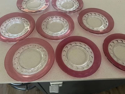 4) Tiffin Indiana Glass 8 1/4" Luncheon Plates KINGS CROWN Ruby Red Thumbprint - Image 1 of 2