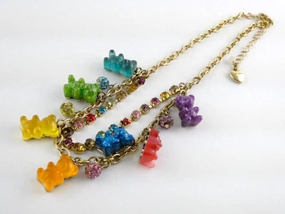 Betsy Johnson Sparkling Gummy Bear Charm Rhinestone Gold Tone Necklace 18.5 Inch - Image 1 of 4