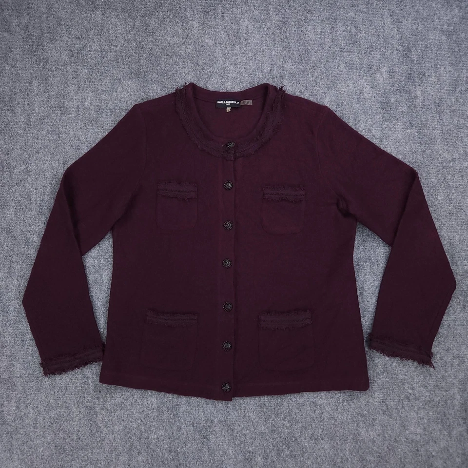 Suéter Karl Lagerfeld Mujer Grande Borgoña Mezcla Lana Cárdigan Chaqueta Bolsillos Foto 1 de 4